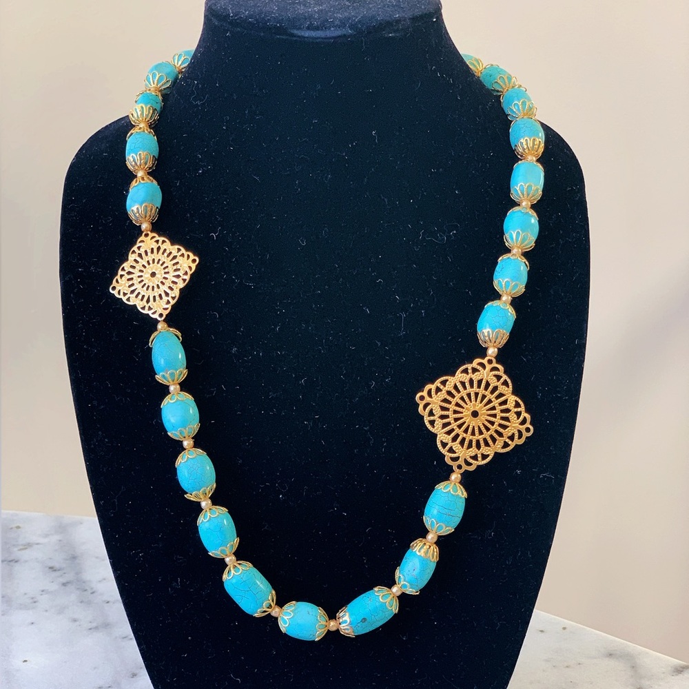 Gorgeous Handmade Gold Filigree Pearl and Turquoise Necklace